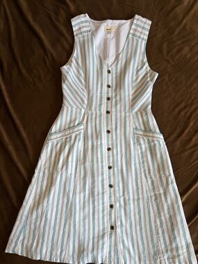 LOFT White Dress with Blue & Teal Stripes, Button-Front Midi